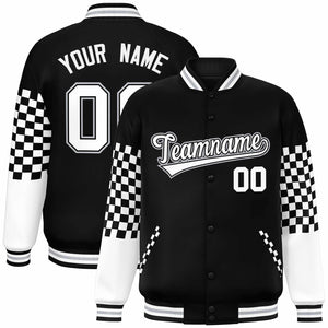 Custom Black White-Gray Checkered Pattern Color Block Bomber Varsity Jacket