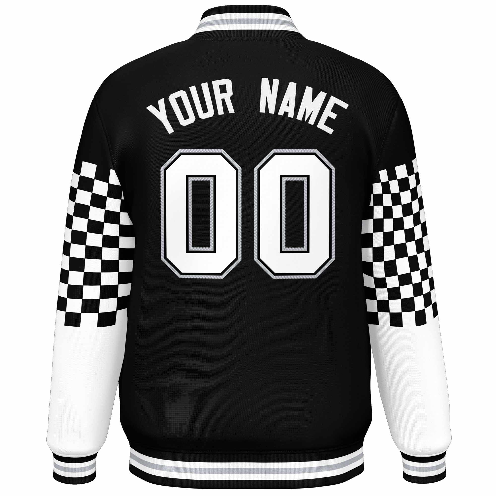 Custom Black White-Gray Checkered Pattern Color Block Bomber Varsity Jacket