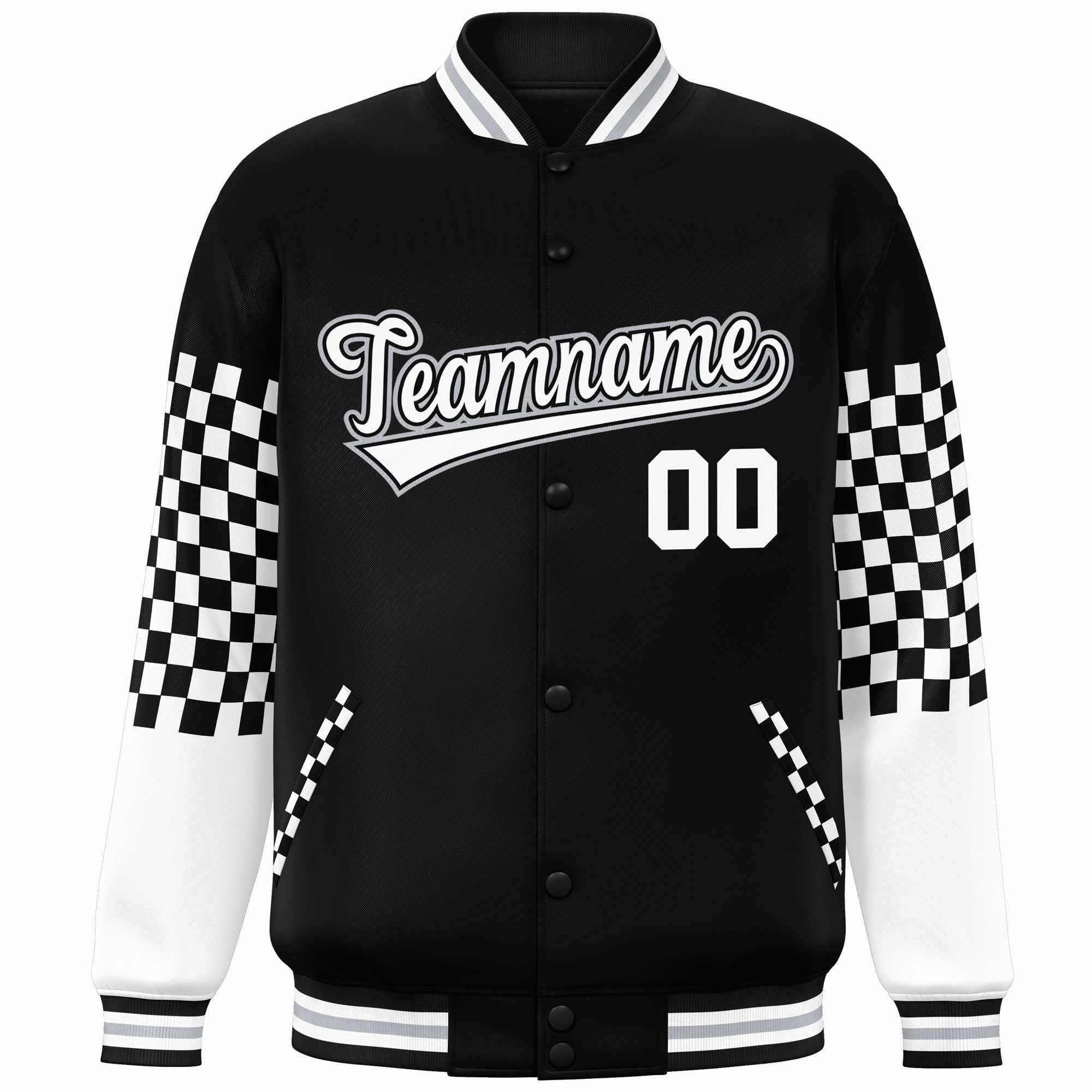 Custom Black White-Gray Checkered Pattern Color Block Bomber Varsity Jacket