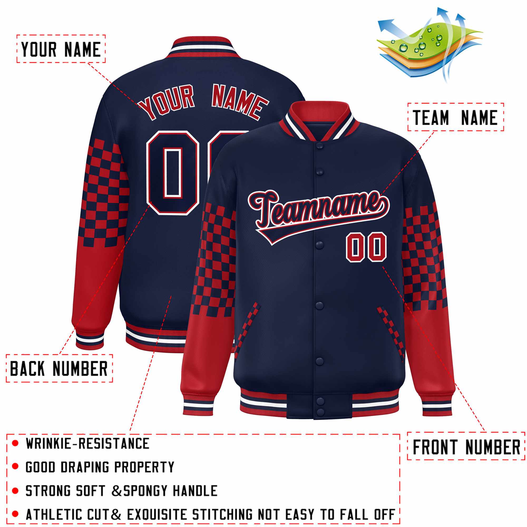 Custom Navy Red-White Checkered Pattern Color Block Bomber Varsity Jacket