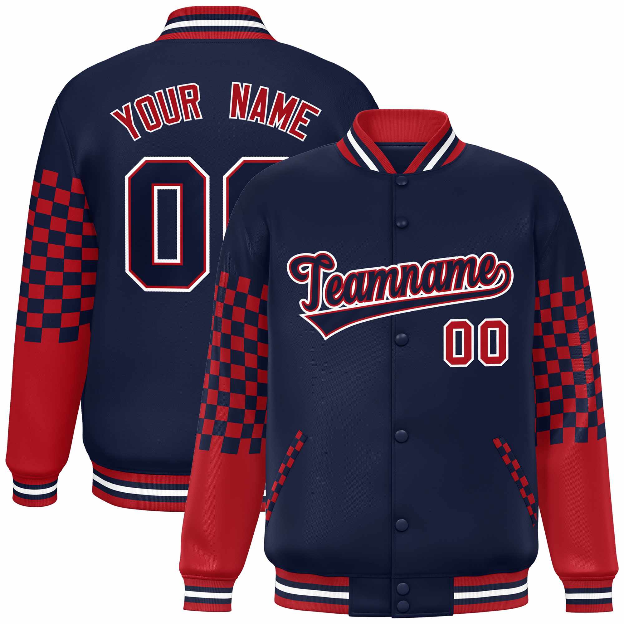 Custom Navy Red-White Checkered Pattern Color Block Bomber Varsity Jacket