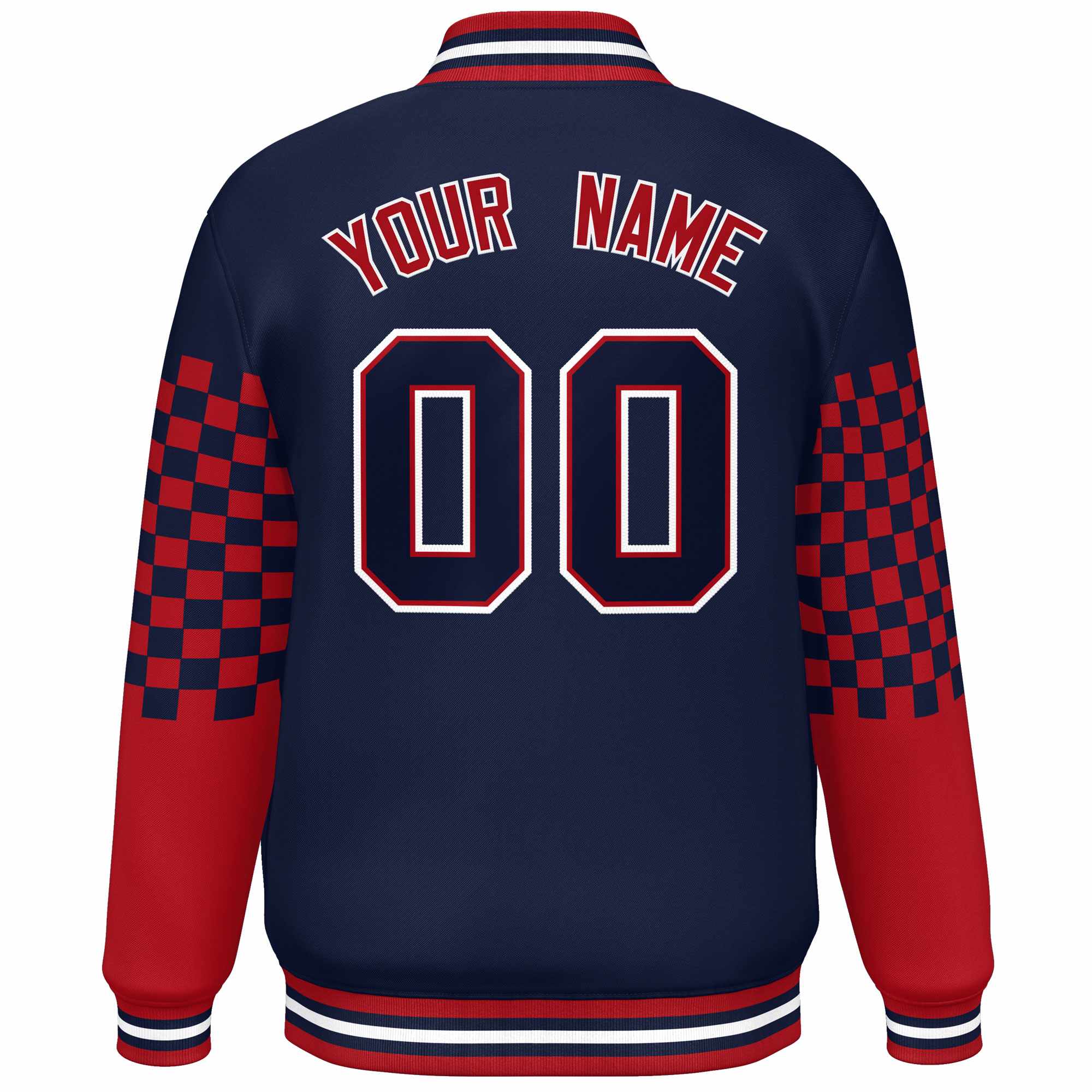 Custom Navy Red-White Checkered Pattern Color Block Bomber Varsity Jacket