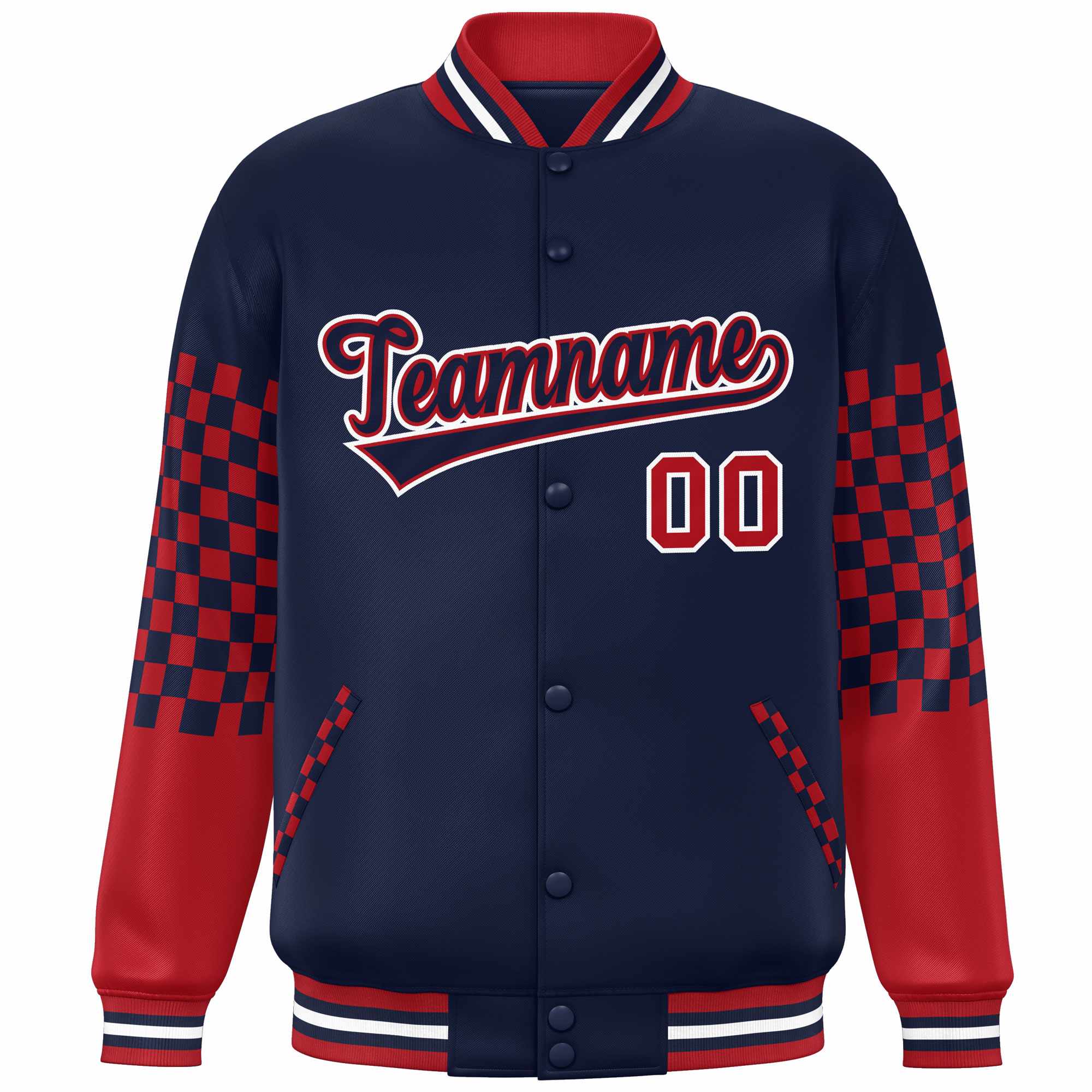 Custom Navy Red-White Checkered Pattern Color Block Bomber Varsity Jacket