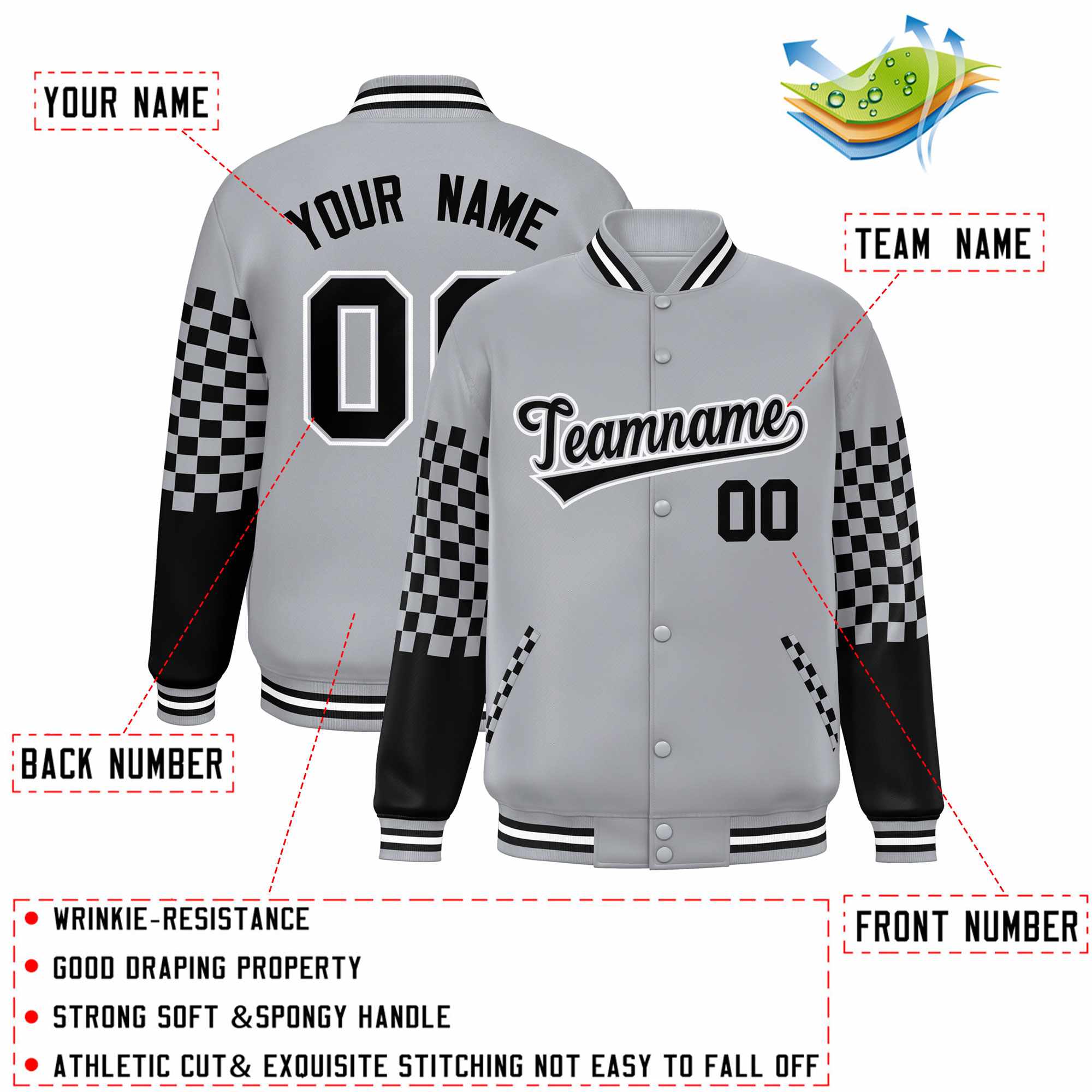 Custom Gray Black-White Checkered Pattern Color Block Bomber Varsity Jacket