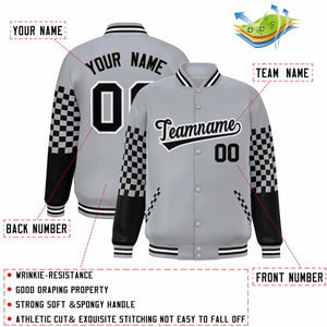 Custom Gray Black-White Checkered Pattern Color Block Bomber Varsity Jacket