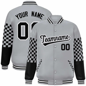 Custom Gray Black-White Checkered Pattern Color Block Bomber Varsity Jacket