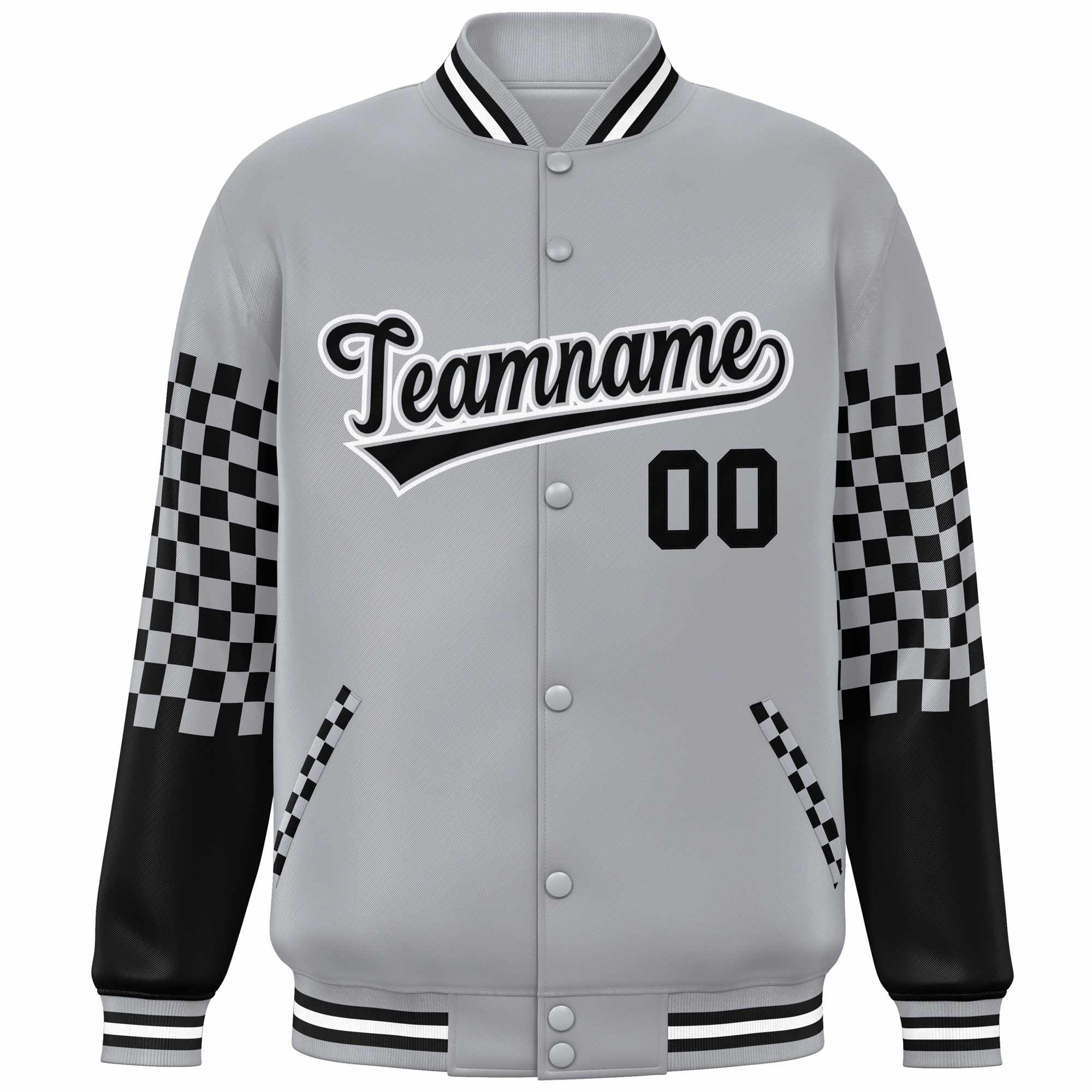 Custom Gray Black-White Checkered Pattern Color Block Bomber Varsity Jacket