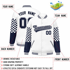 Custom White Navy Checkered Pattern Color Block Bomber Varsity Jacket