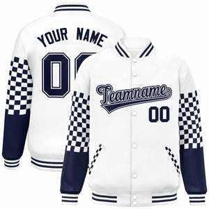 Custom White Navy Checkered Pattern Color Block Bomber Varsity Jacket