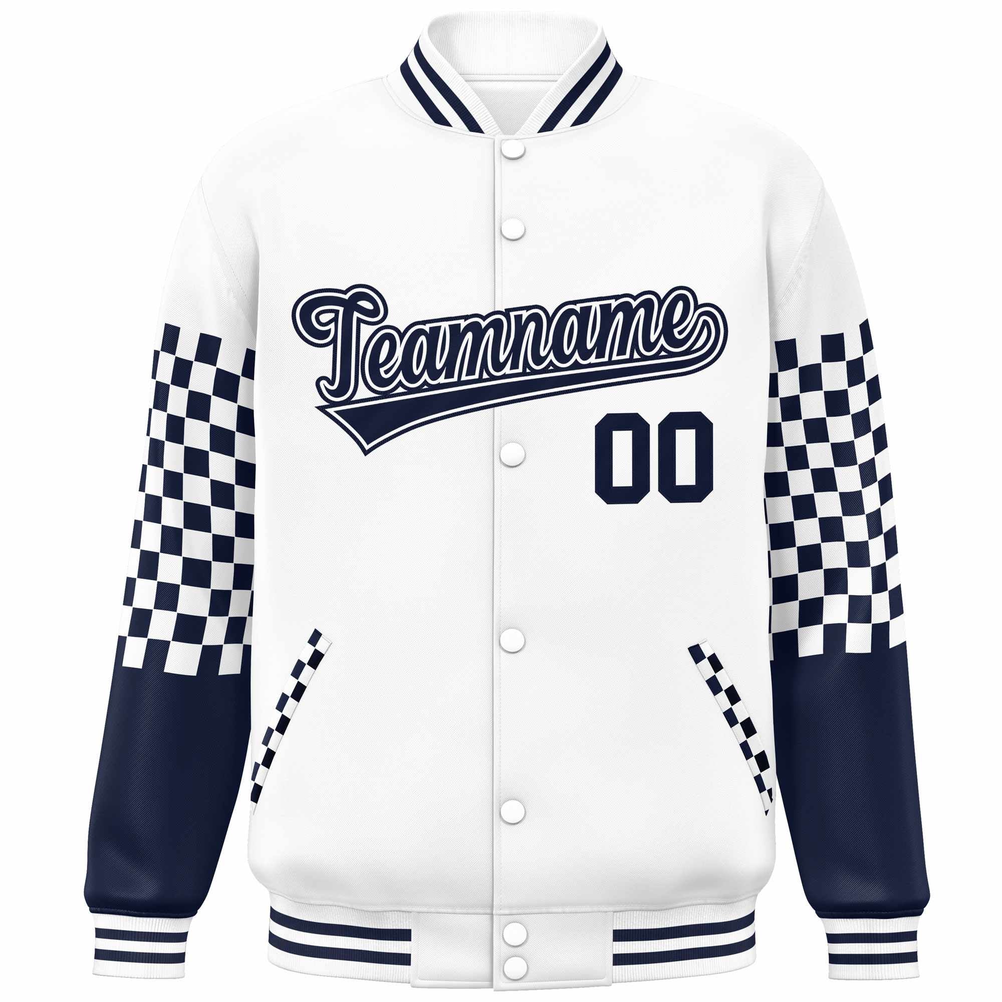 Custom White Navy Checkered Pattern Color Block Bomber Varsity Jacket