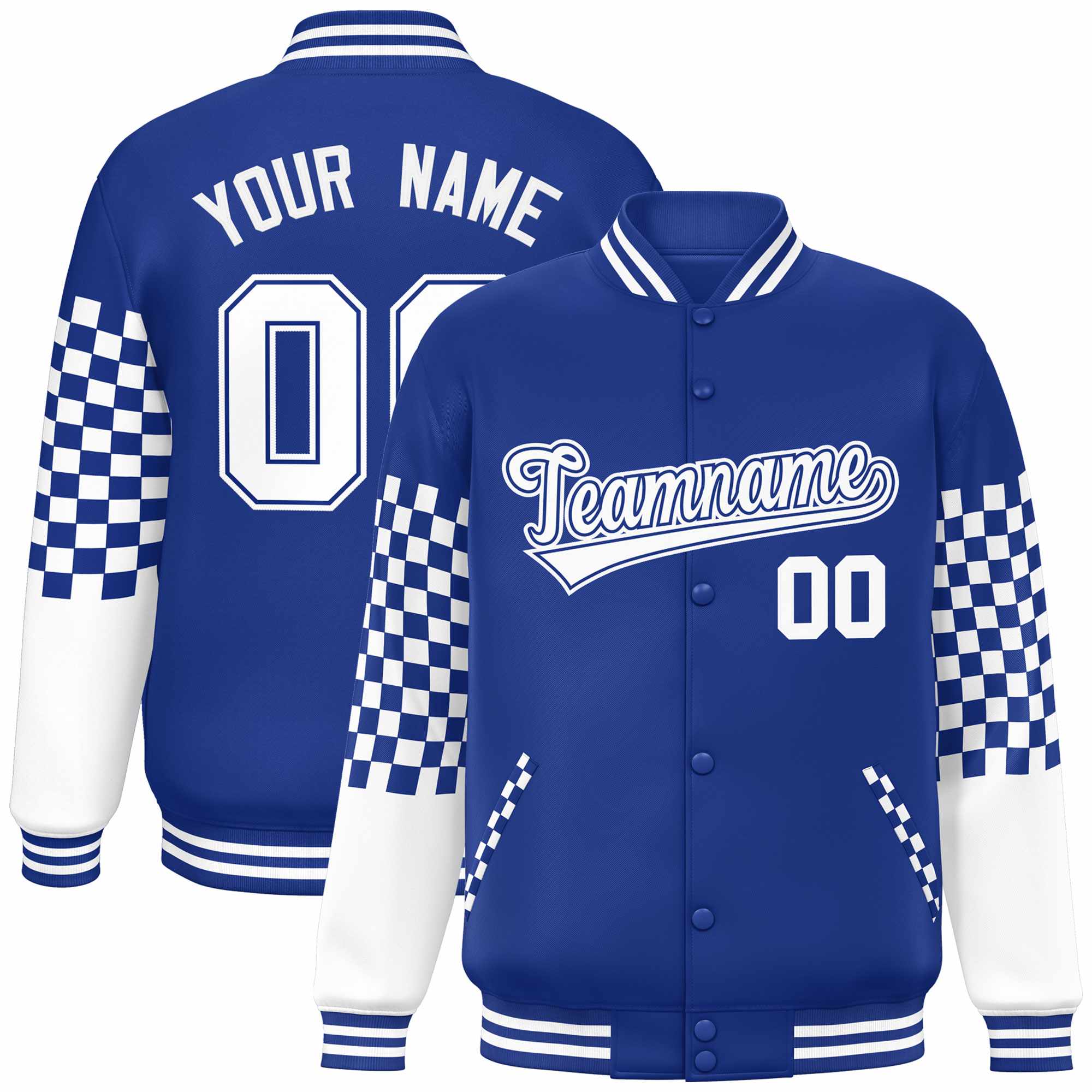 Custom Royal White Checkered Pattern Color Block Bomber Varsity Jacket