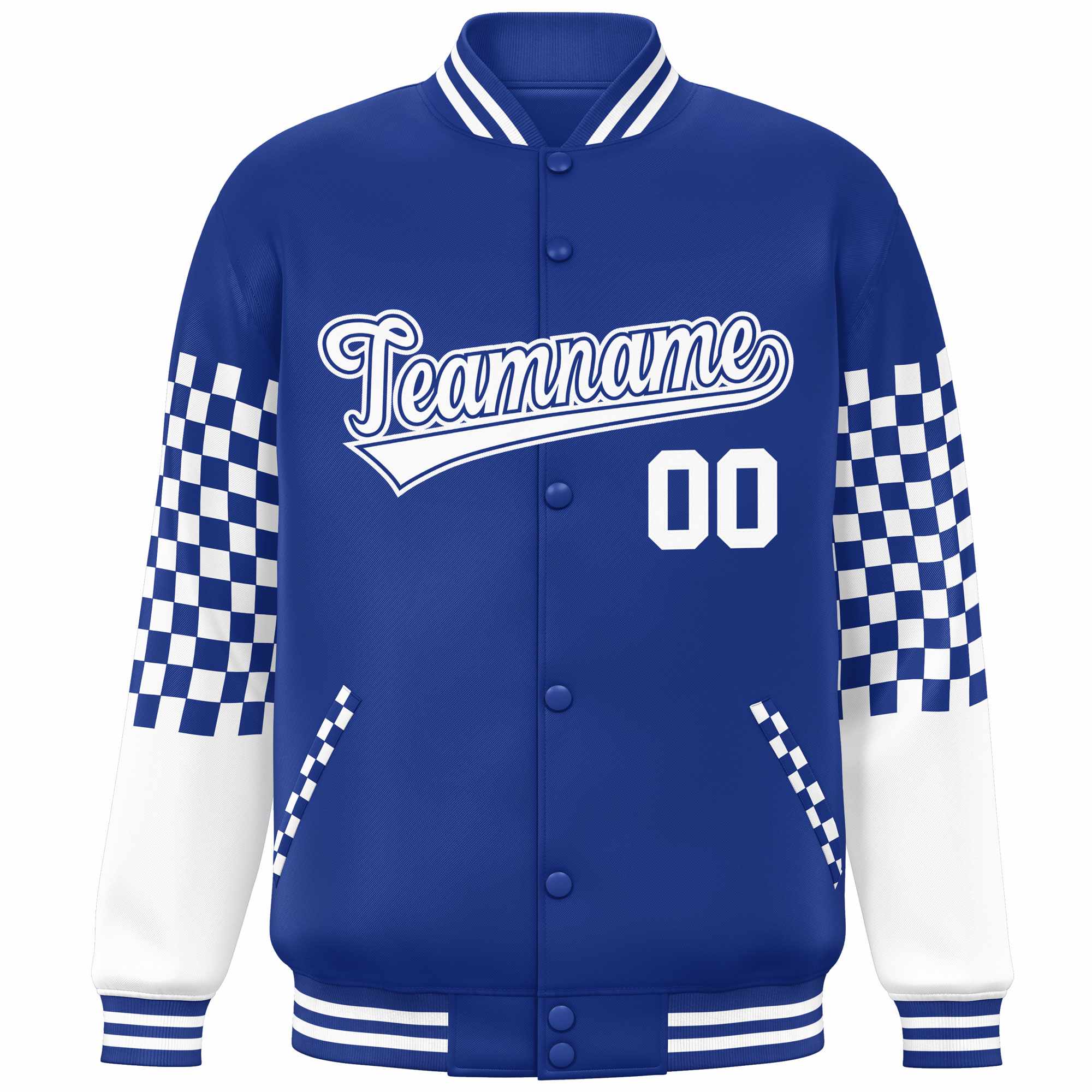 Custom Royal White Checkered Pattern Color Block Bomber Varsity Jacket