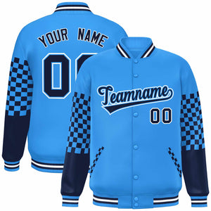 Custom Powder Blue Navy-White Checkered Pattern Color Block Bomber Varsity Jacket