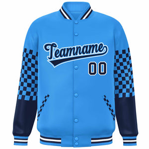 Custom Powder Blue Navy-White Checkered Pattern Color Block Bomber Varsity Jacket