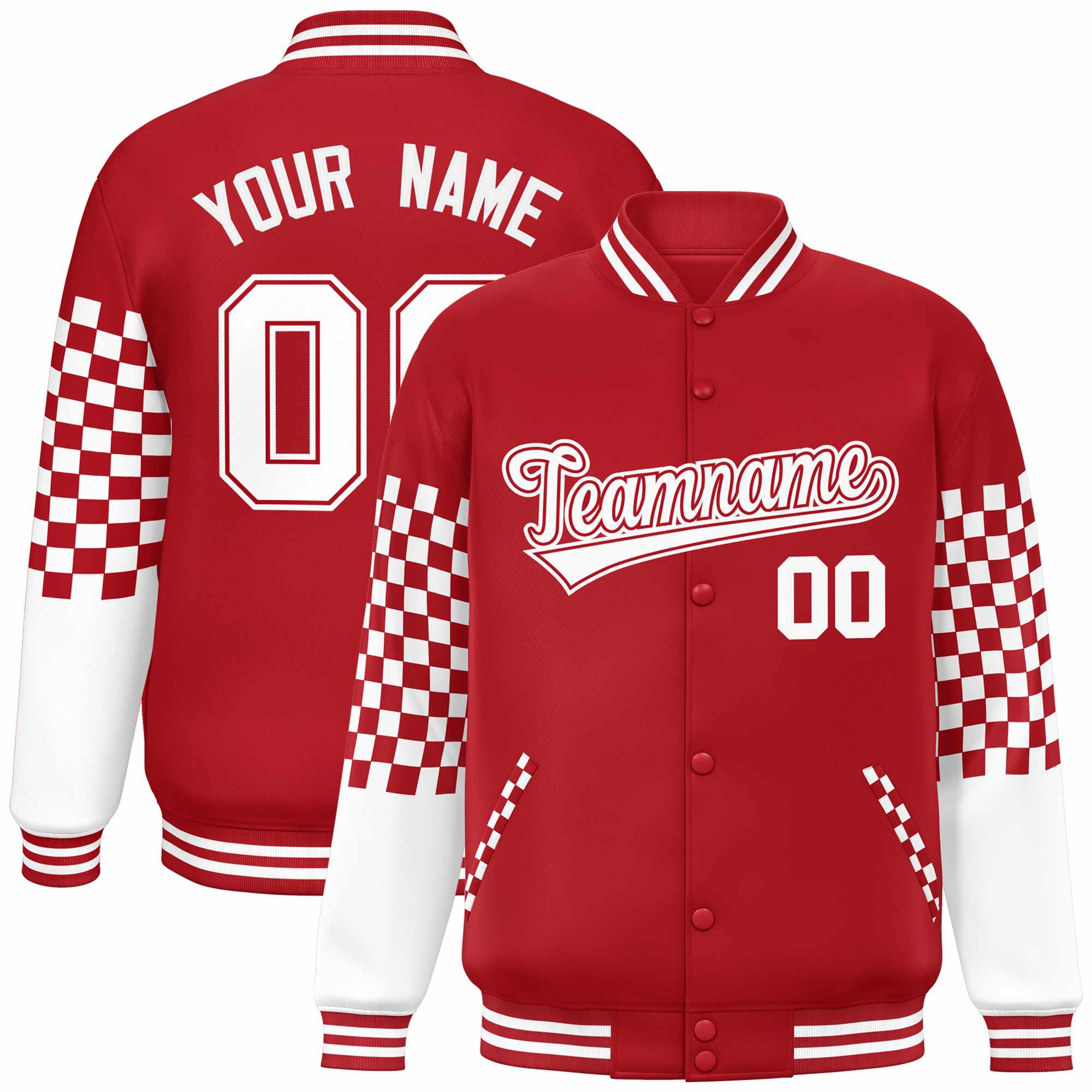 Custom Red White Checkered Pattern Color Block Bomber Varsity Jacket