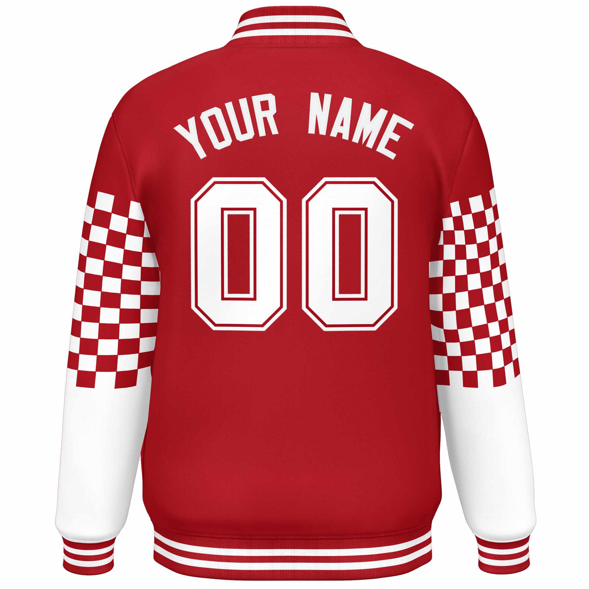 Custom Red White Checkered Pattern Color Block Bomber Varsity Jacket