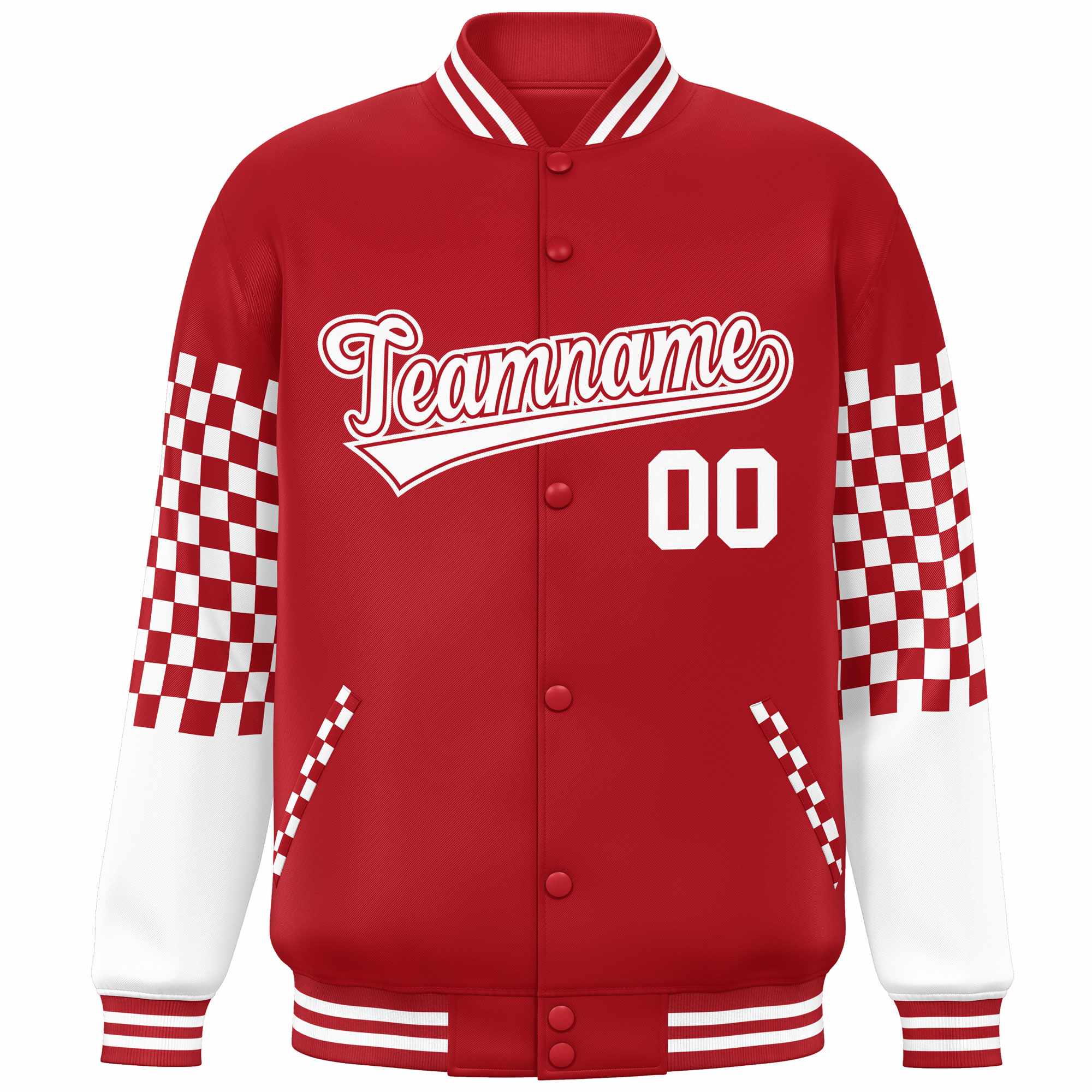 Custom Red White Checkered Pattern Color Block Bomber Varsity Jacket