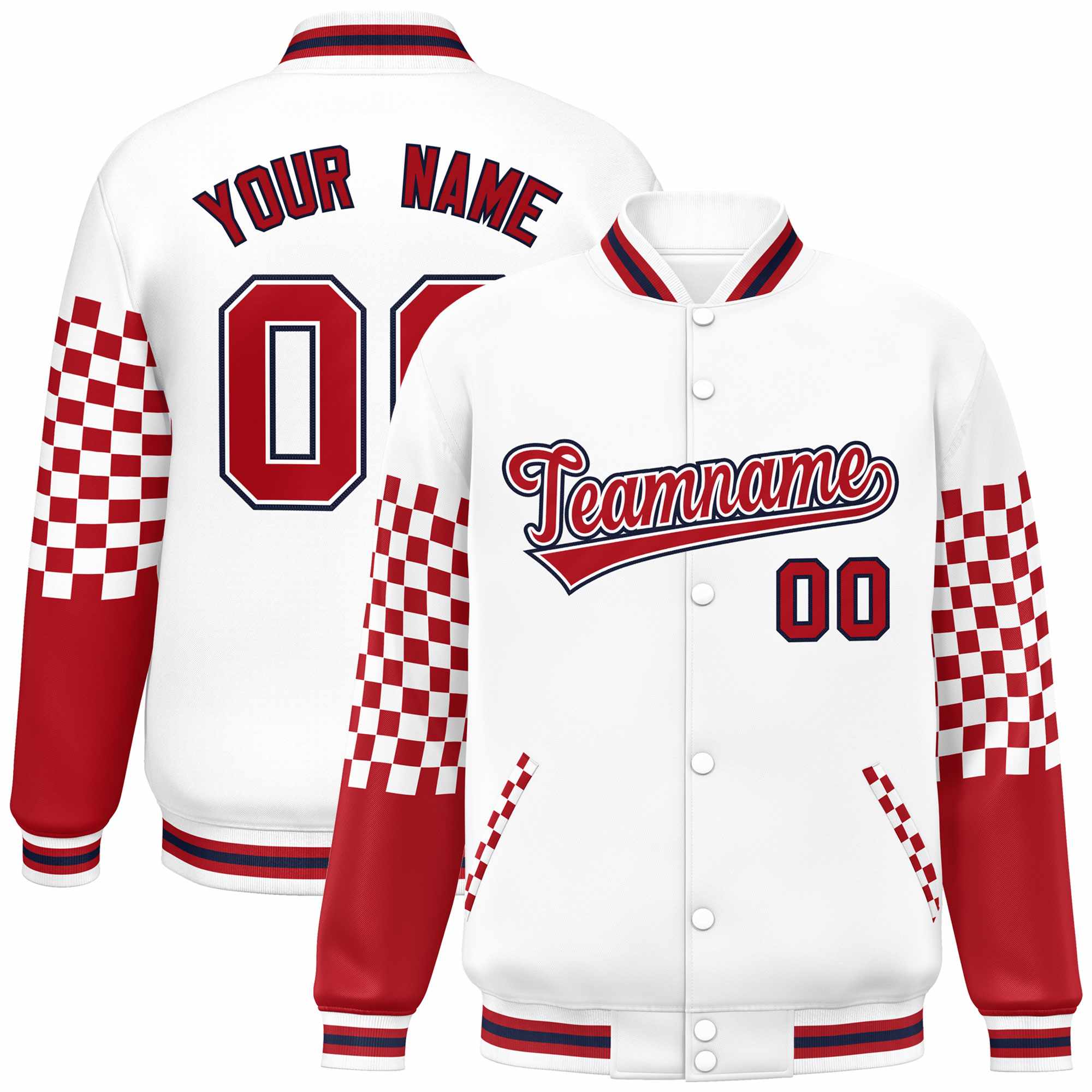 Custom White Red-Navy Checkered Pattern Color Block Bomber Varsity Jacket