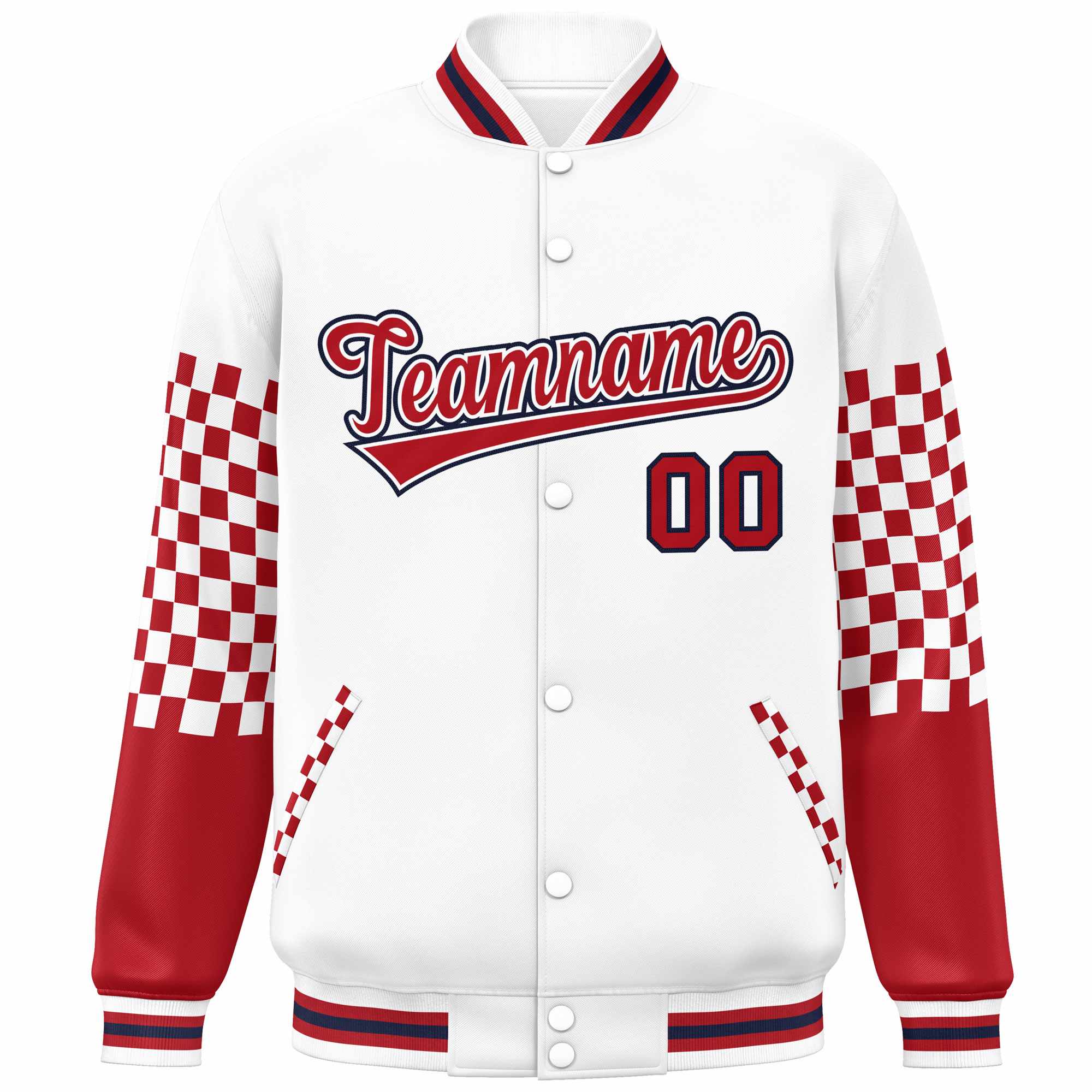 Custom White Red-Navy Checkered Pattern Color Block Bomber Varsity Jacket