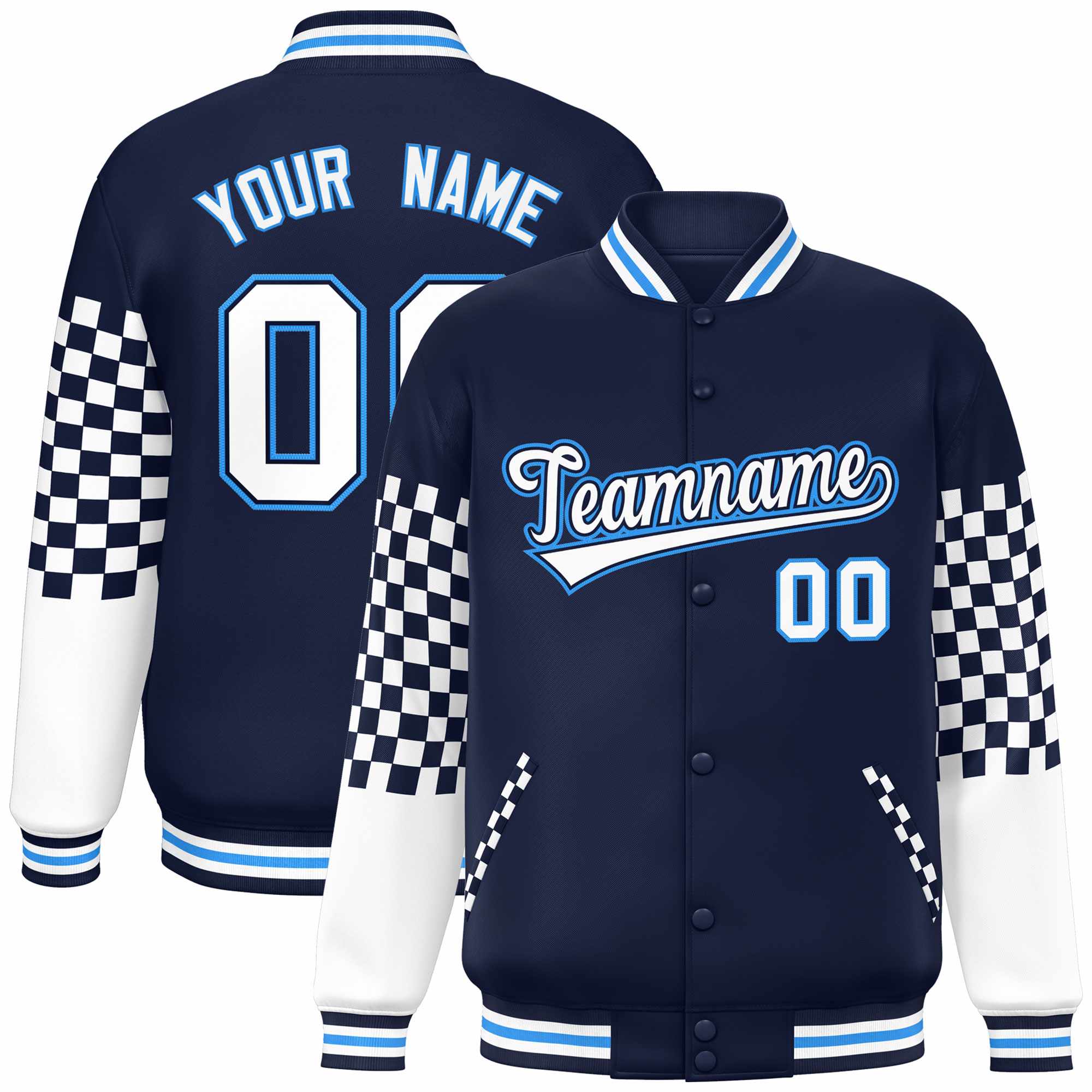 Custom Navy White-Powder Blue Checkered Pattern Color Block Bomber Varsity Jacket