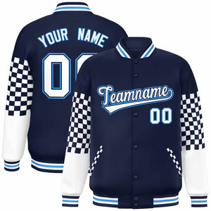 Custom Navy White-Powder Blue Checkered Pattern Color Block Bomber Varsity Jacket