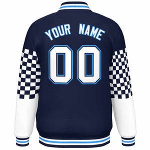 Custom Navy White-Powder Blue Checkered Pattern Color Block Bomber Varsity Jacket