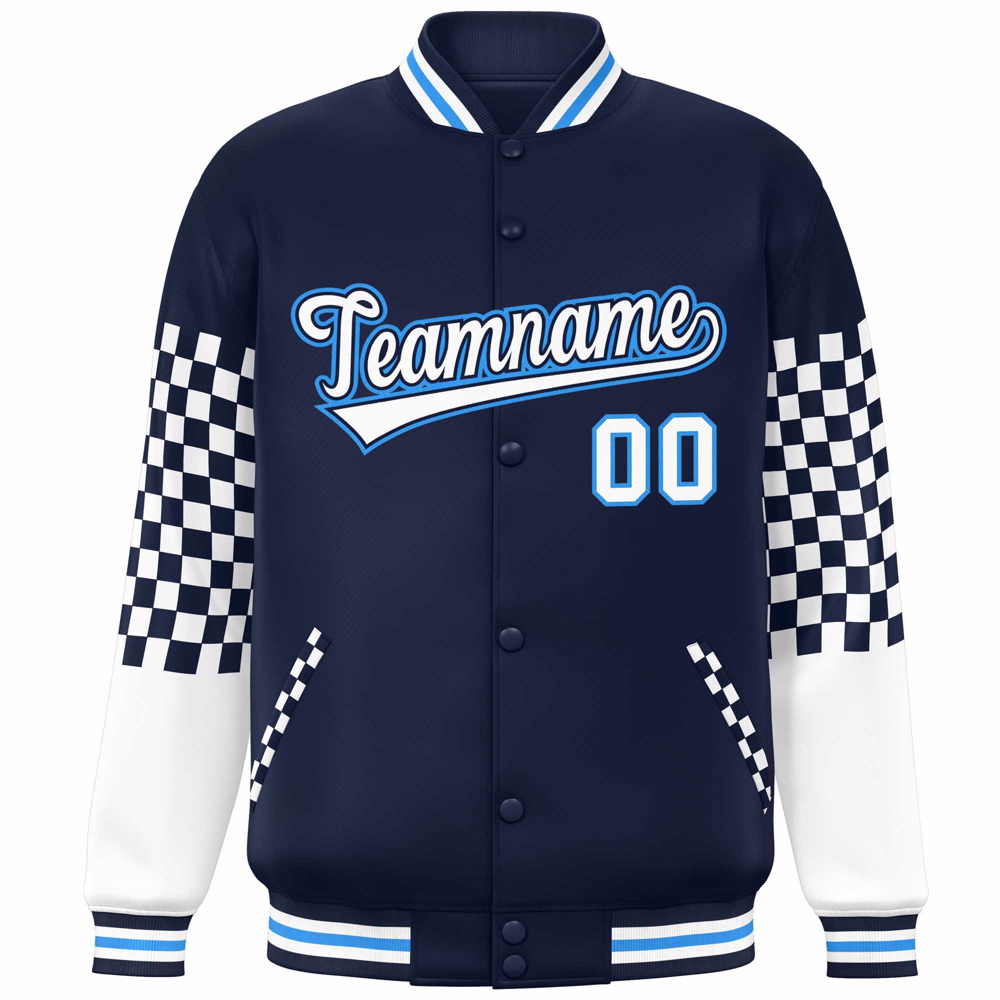 Custom Navy White-Powder Blue Checkered Pattern Color Block Bomber Varsity Jacket