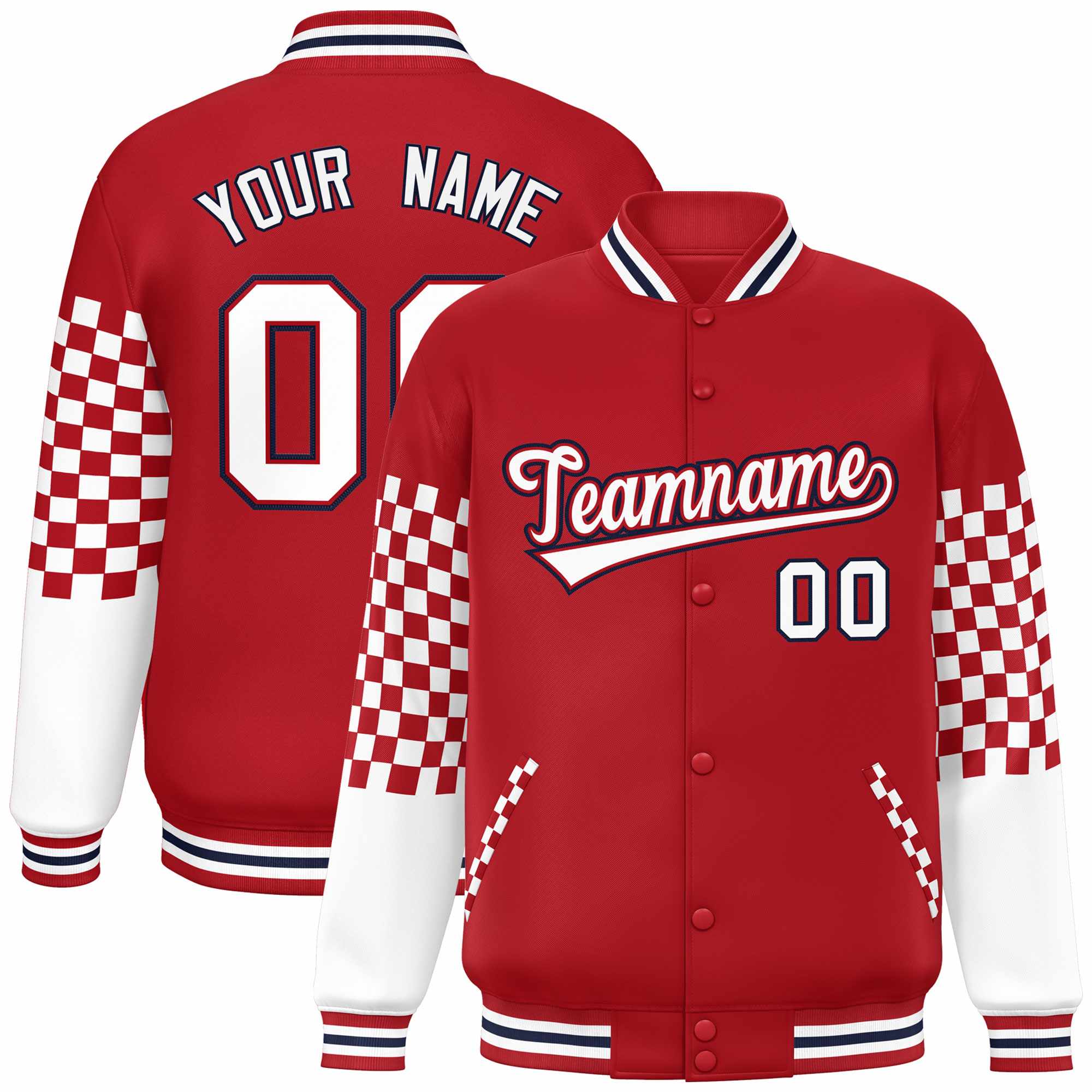 Custom Red White-Navy Checkered Pattern Color Block Bomber Varsity Jacket