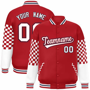 Custom Red White-Navy Checkered Pattern Color Block Bomber Varsity Jacket