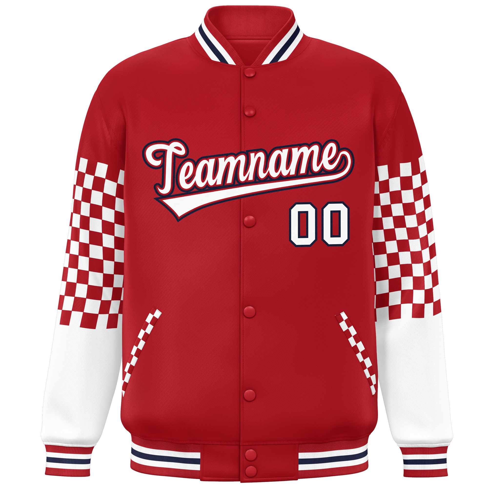 Custom Red White-Navy Checkered Pattern Color Block Bomber Varsity Jacket