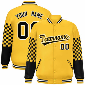 Custom Gold Black-White Checkered Pattern Color Block Bomber Varsity Jacket