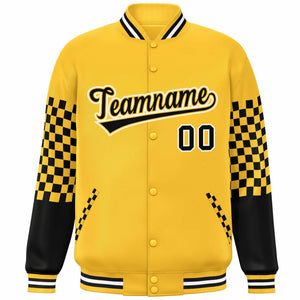 Custom Gold Black-White Checkered Pattern Color Block Bomber Varsity Jacket