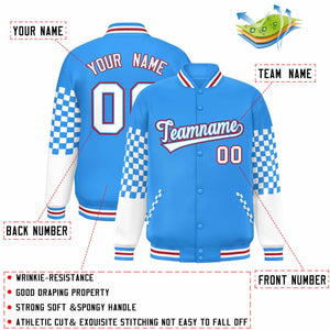 Custom Powder Blue White-Red Checkered Pattern Color Block Bomber Varsity Jacket