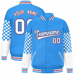 Custom Powder Blue White-Red Checkered Pattern Color Block Bomber Varsity Jacket