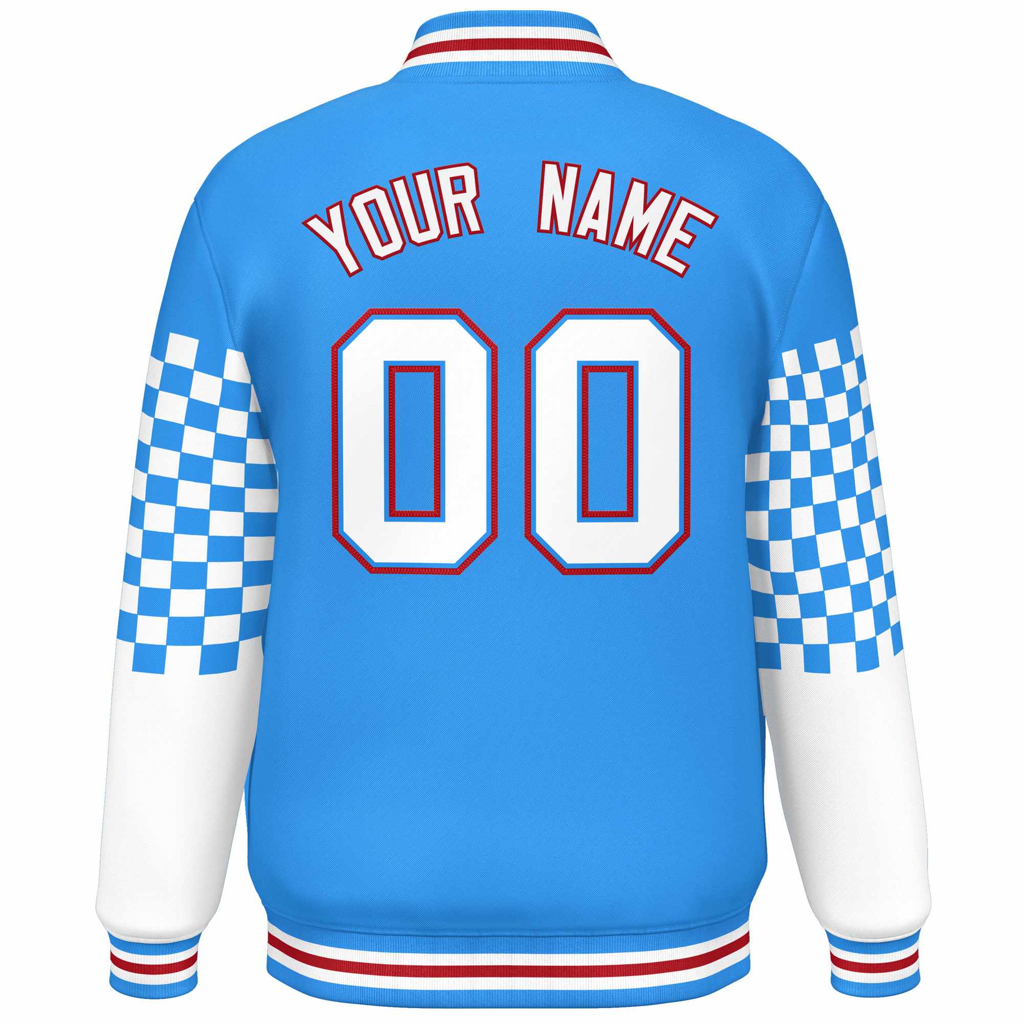 Custom Powder Blue White-Red Checkered Pattern Color Block Bomber Varsity Jacket