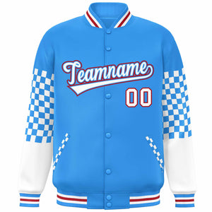 Custom Powder Blue White-Red Checkered Pattern Color Block Bomber Varsity Jacket