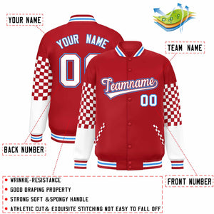 Custom Red White-Powder Blue Checkered Pattern Color Block Bomber Varsity Jacket