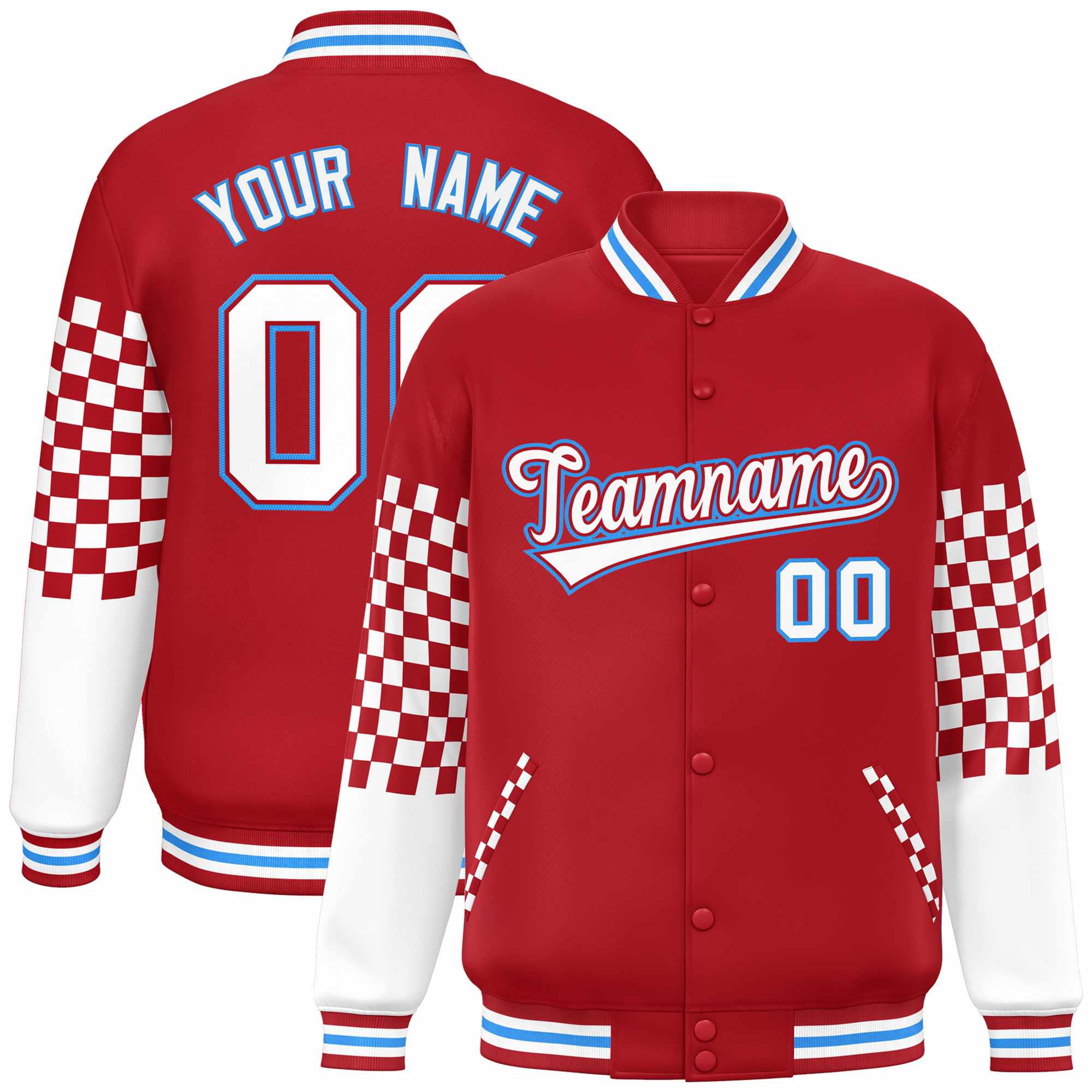 Custom Red White-Powder Blue Checkered Pattern Color Block Bomber Varsity Jacket