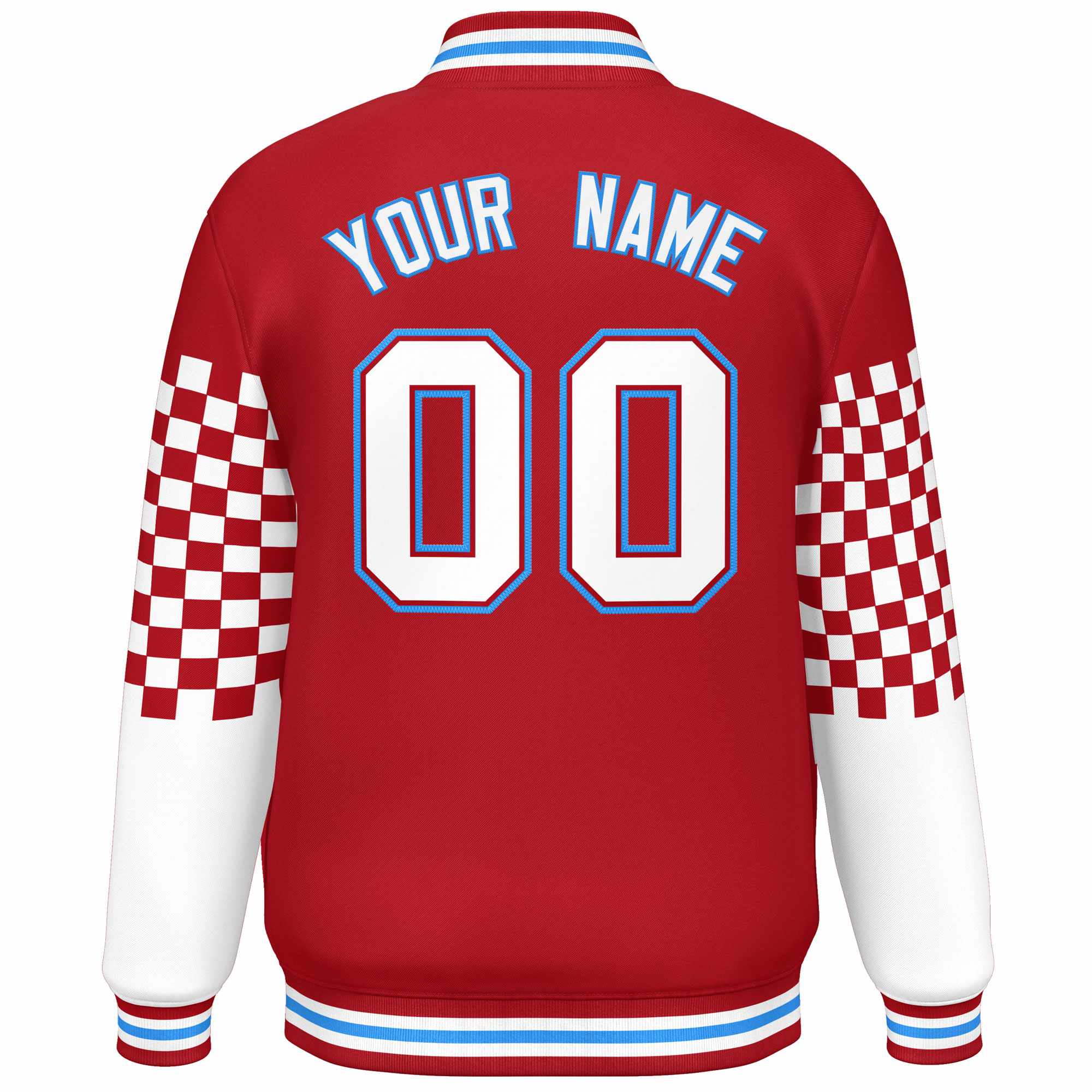 Custom Red White-Powder Blue Checkered Pattern Color Block Bomber Varsity Jacket