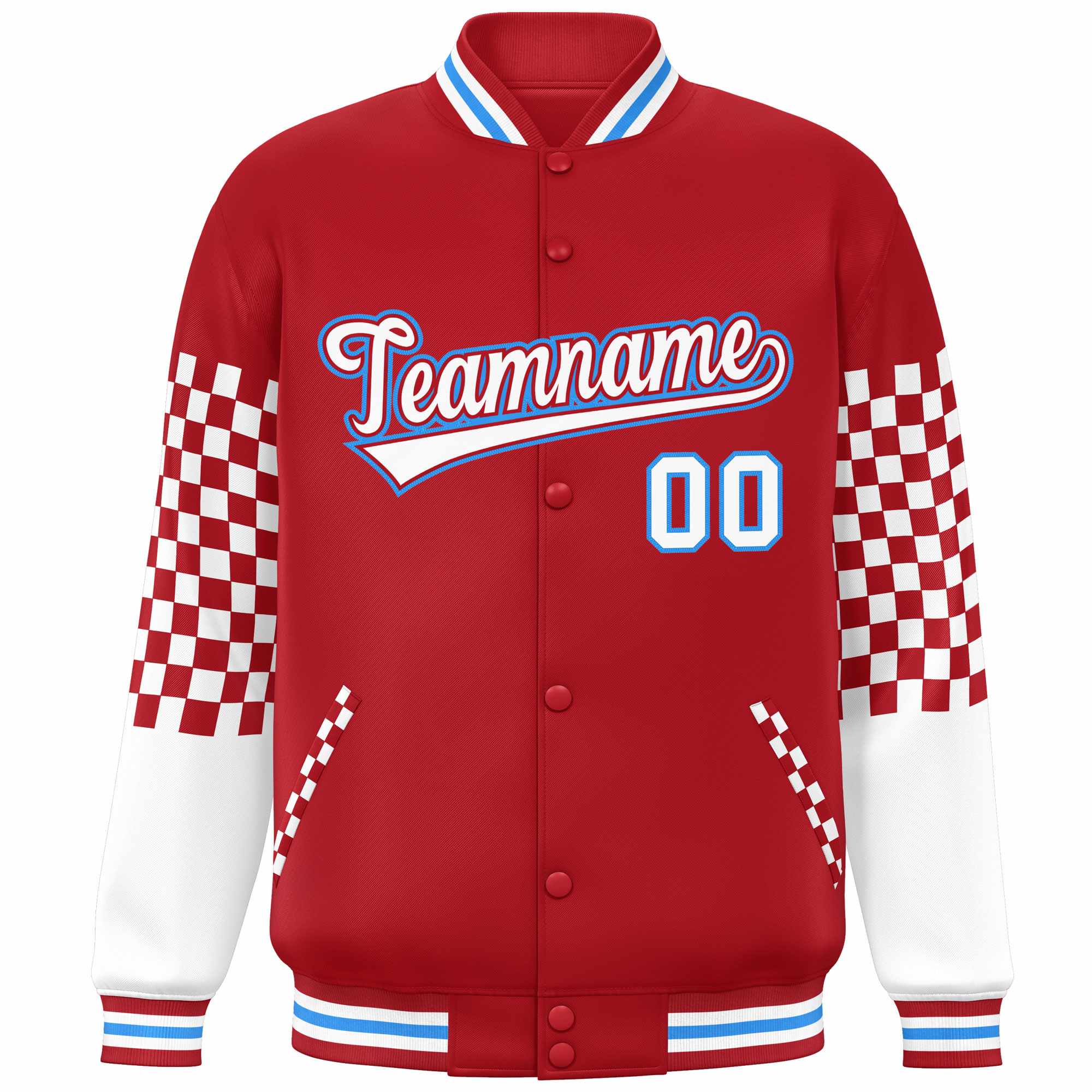 Custom Red White-Powder Blue Checkered Pattern Color Block Bomber Varsity Jacket