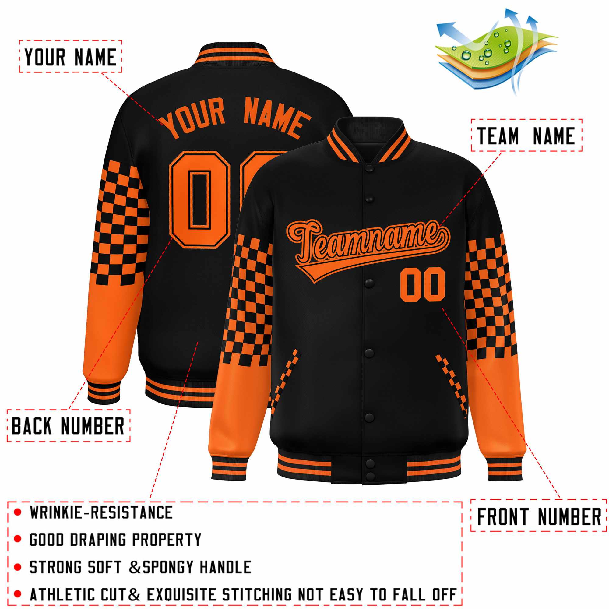 Custom Black Orange Checkered Pattern Color Block Bomber Varsity Jacket