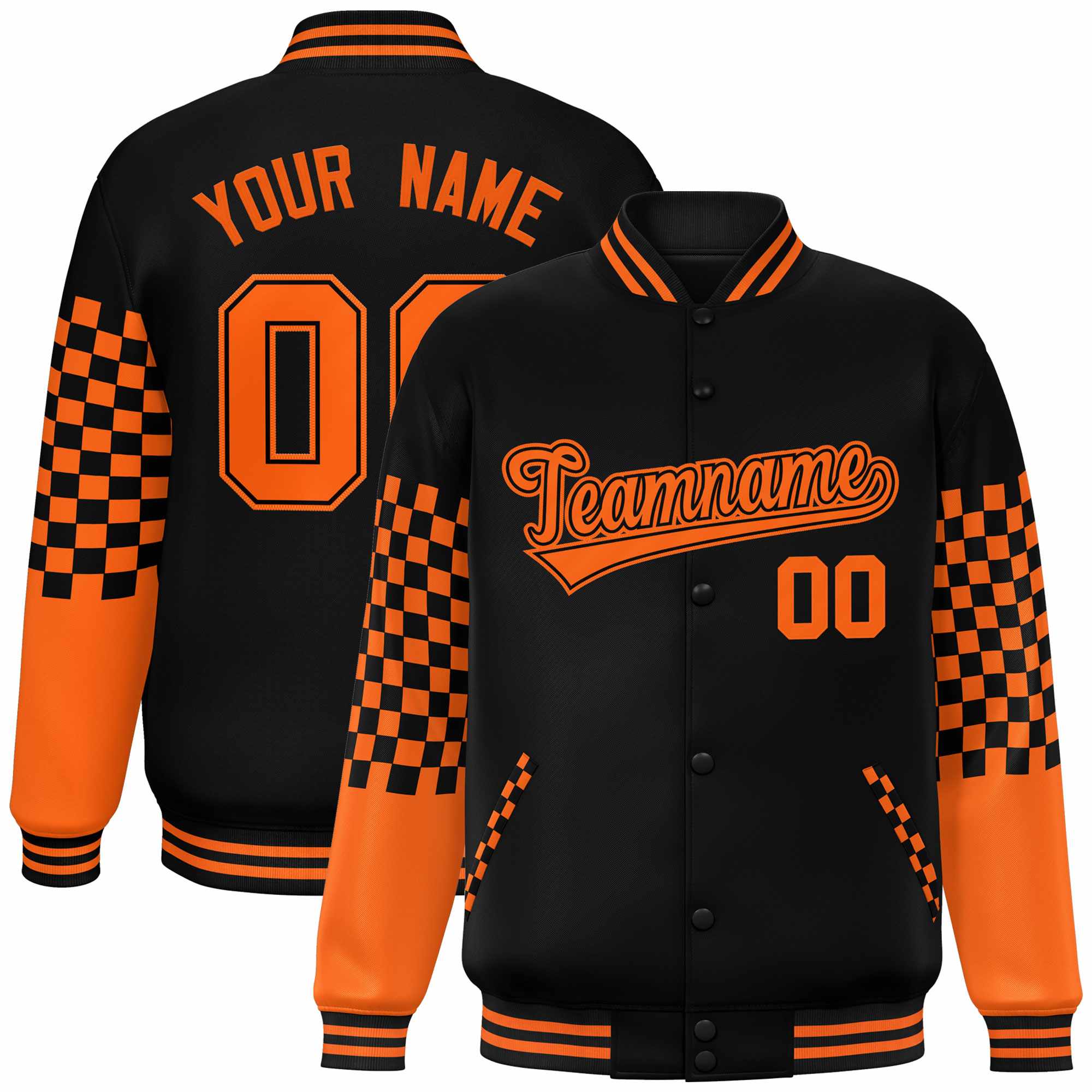 Custom Black Orange Checkered Pattern Color Block Bomber Varsity Jacket