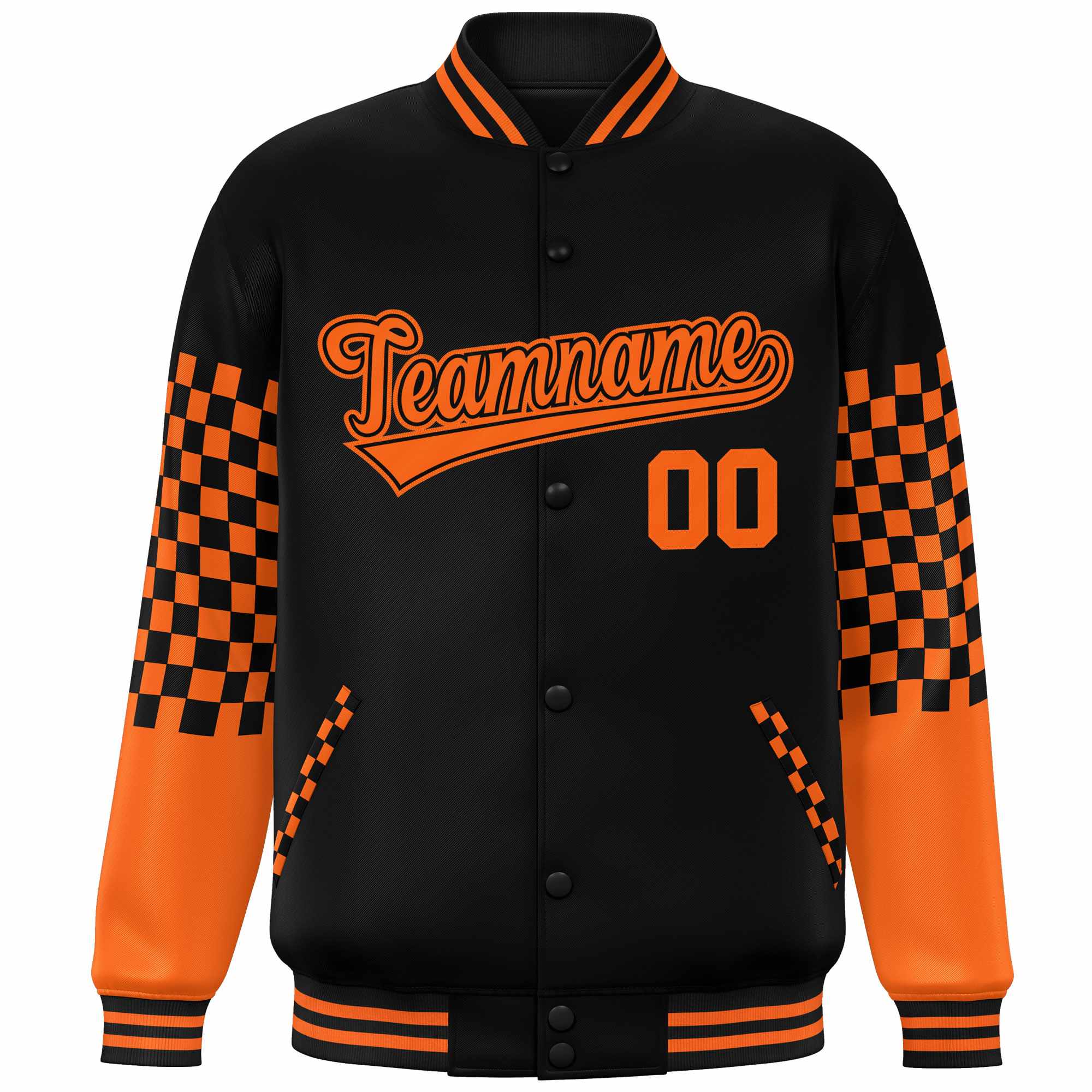 Custom Black Orange Checkered Pattern Color Block Bomber Varsity Jacket