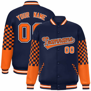 Custom Navy Orange-White Checkered Pattern Color Block Bomber Varsity Jacket