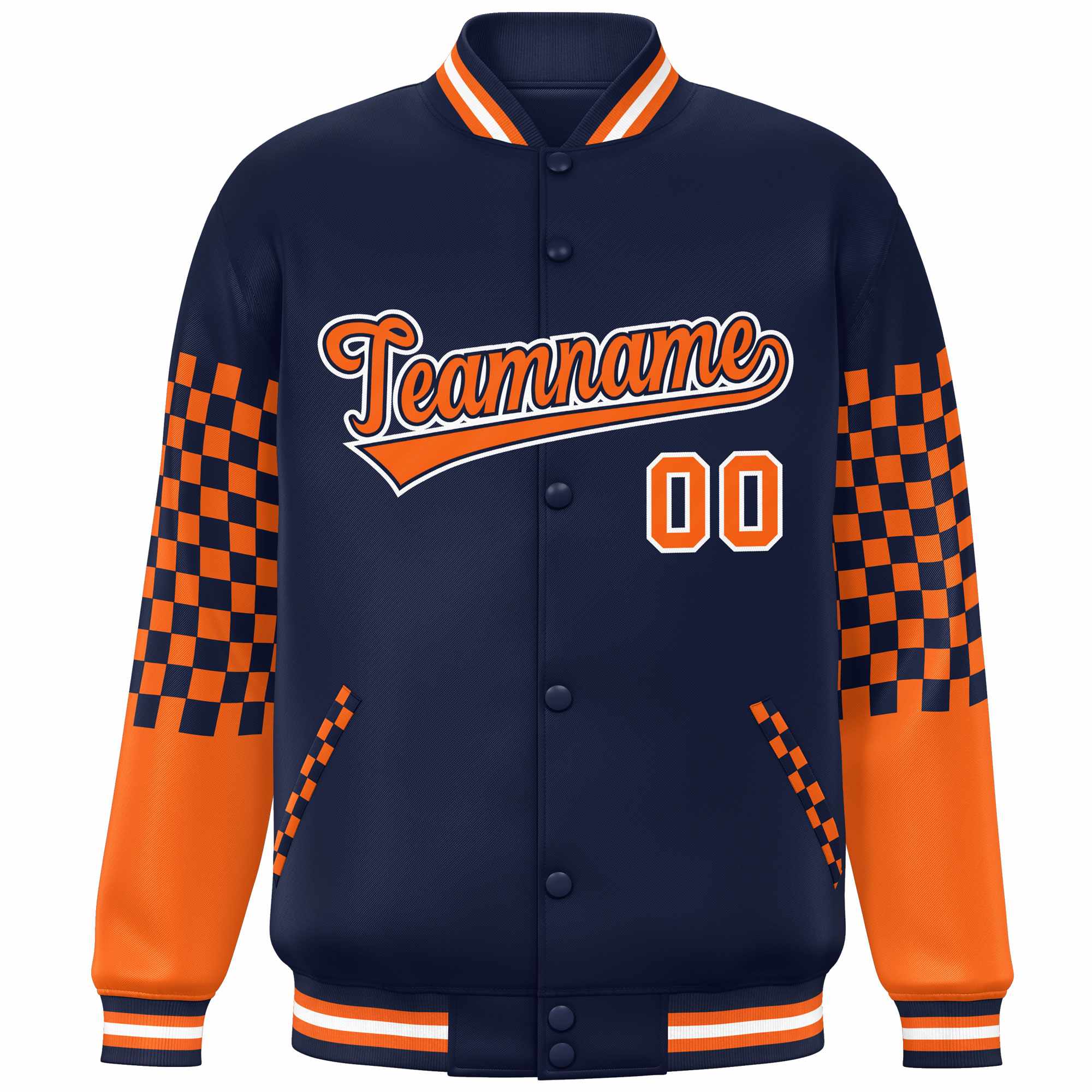 Custom Navy Orange-White Checkered Pattern Color Block Bomber Varsity Jacket