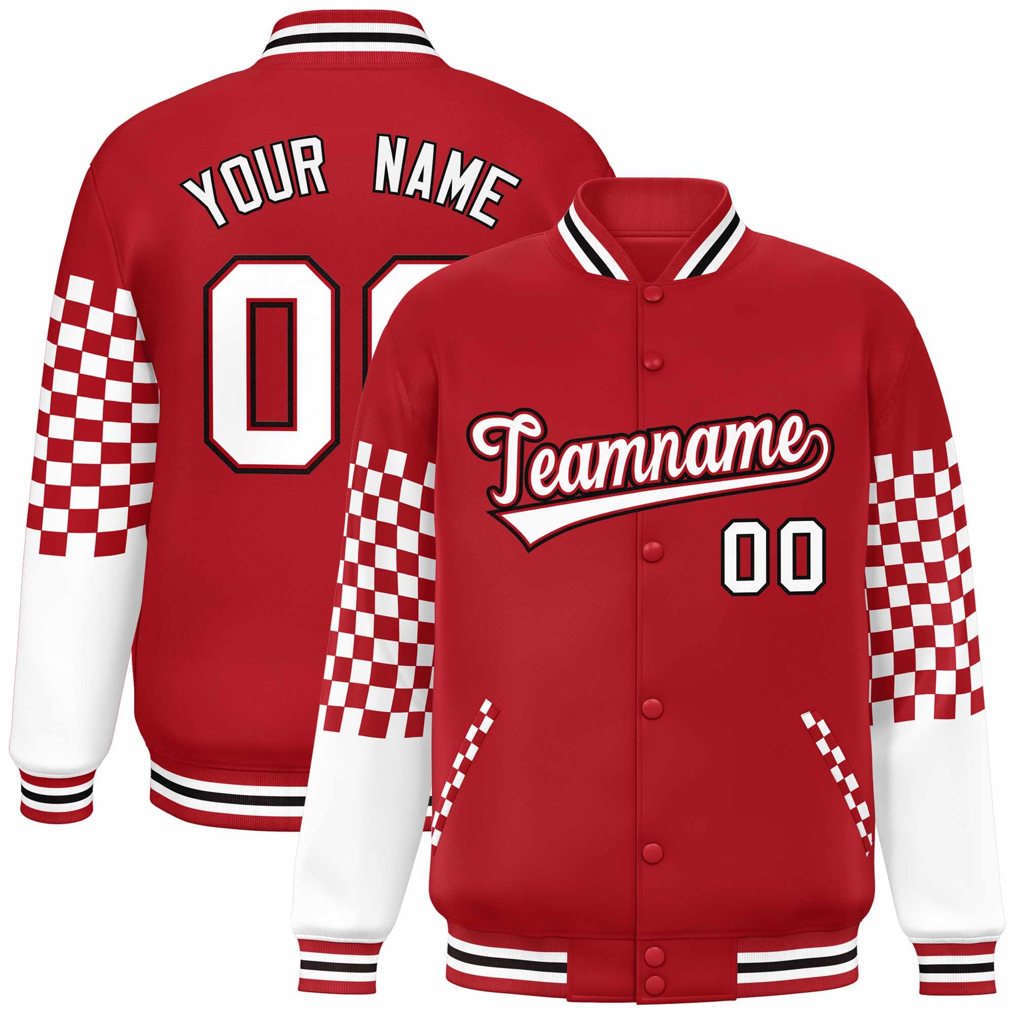 Custom Red White-Black Checkered Pattern Color Block Bomber Varsity Jacket