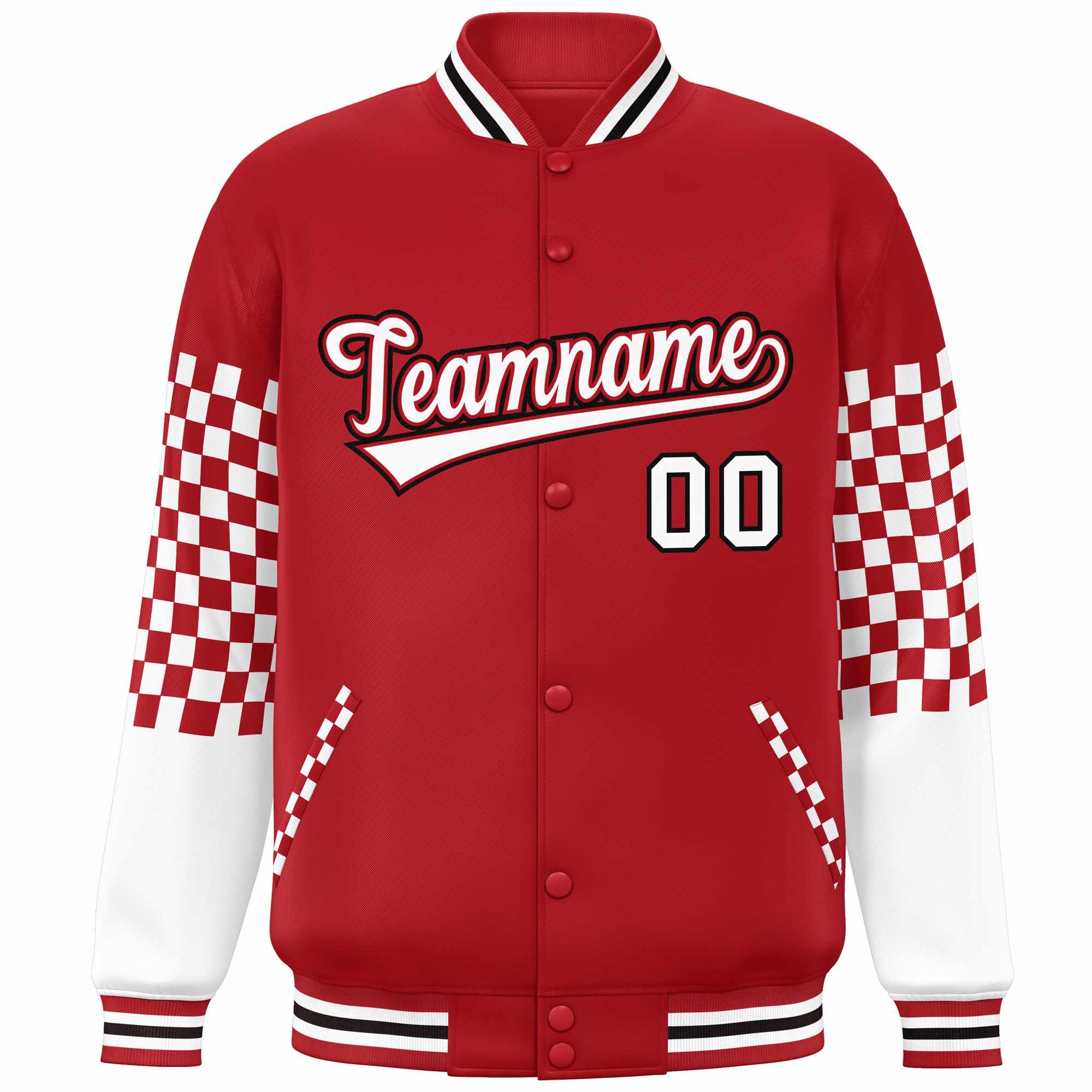 Custom Red White-Black Checkered Pattern Color Block Bomber Varsity Jacket