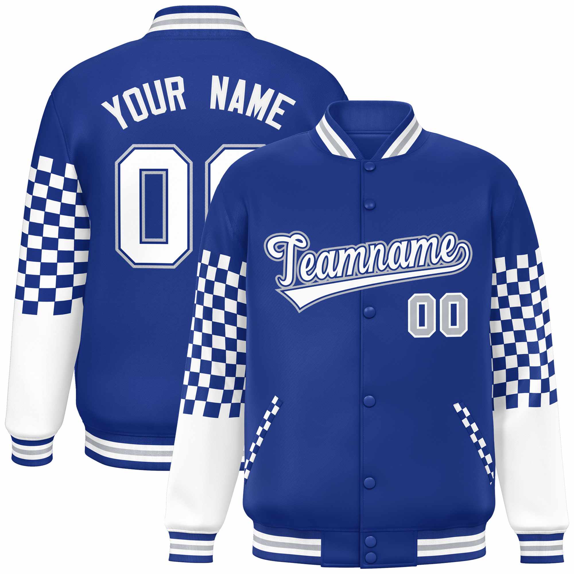 Custom Royal White-Gray Checkered Pattern Color Block Bomber Varsity Jacket