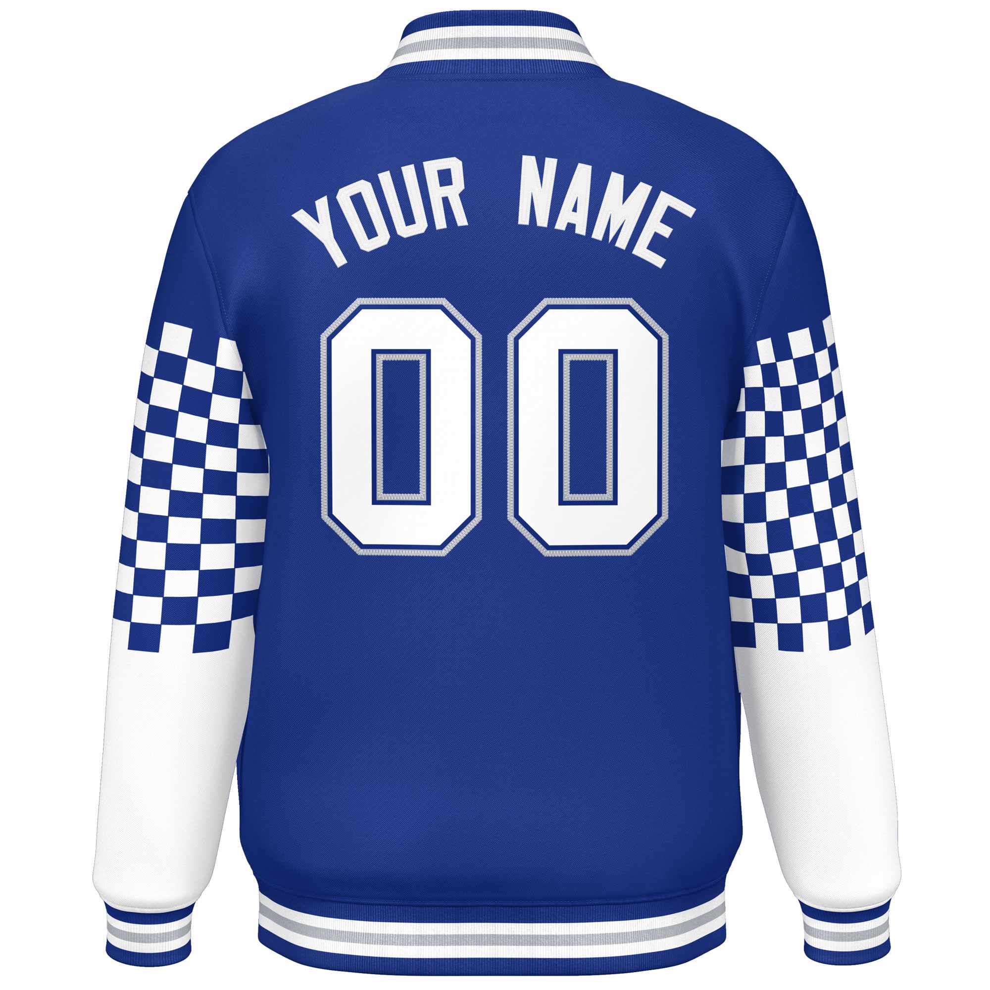 Custom Royal White-Gray Checkered Pattern Color Block Bomber Varsity Jacket