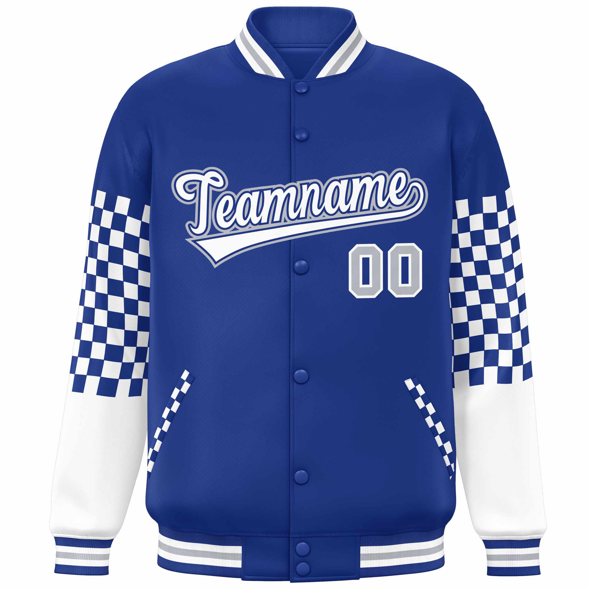 Custom Royal White-Gray Checkered Pattern Color Block Bomber Varsity Jacket